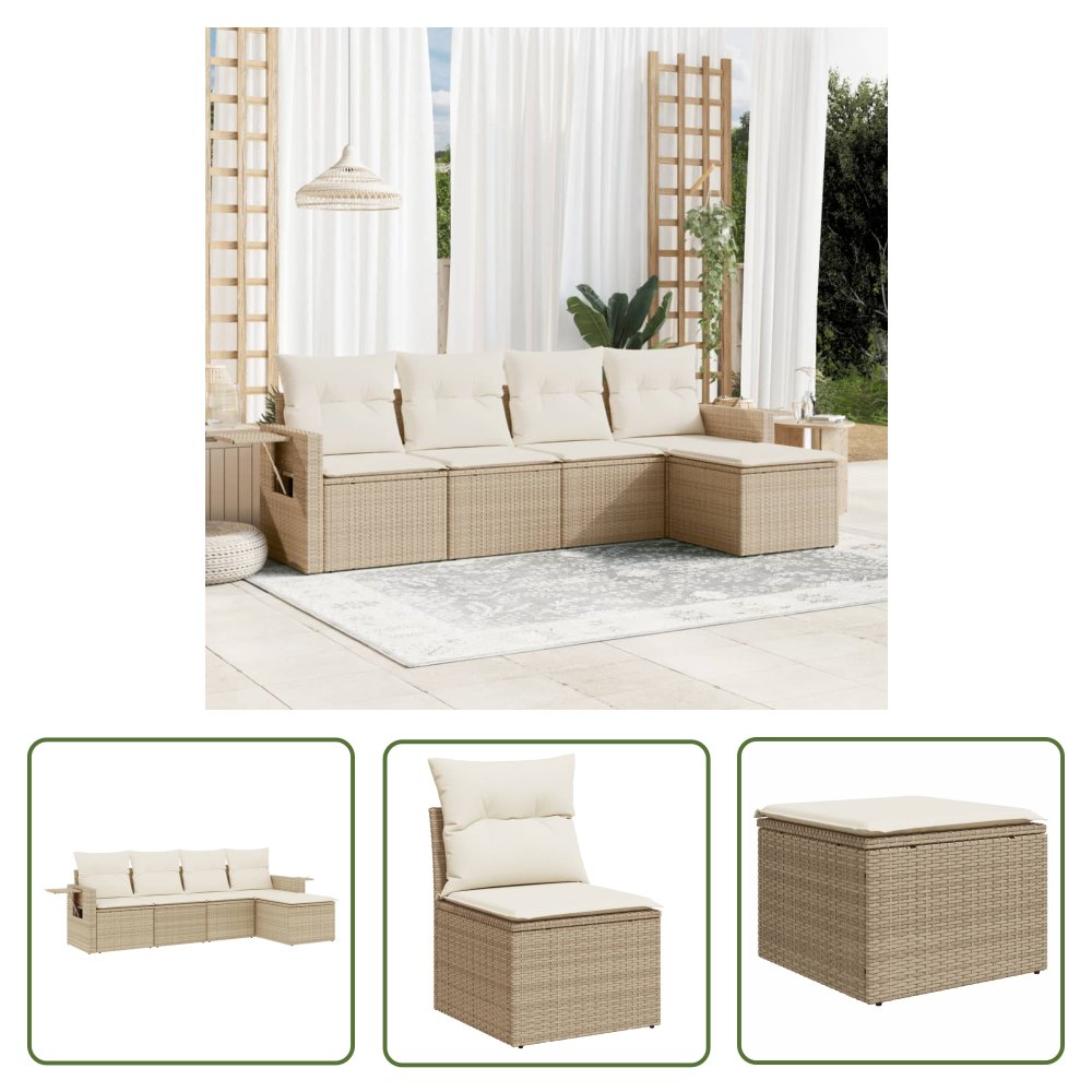 The Living Store 5-cz. zestaw mebli ogrodowych z poduszkami - beżowy - polirattan - Sofa Ogrodowa