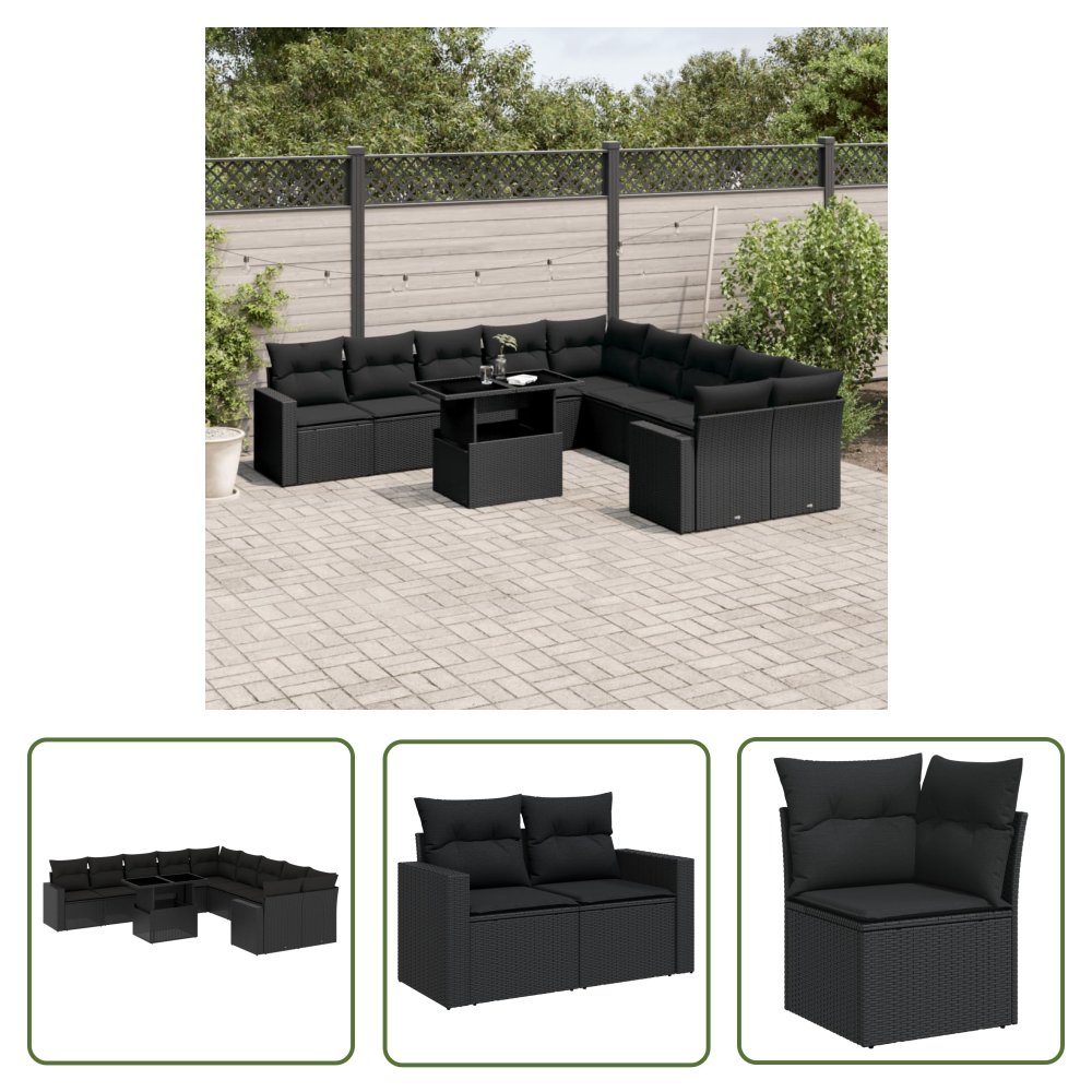 The Living Store 11-cz. zestaw wypoczynkowy do ogrodu - poduszki czarny rattan PE - Sofa Ogrodowa