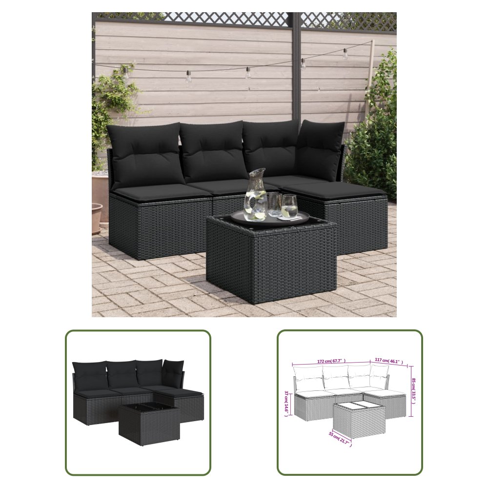 The Living Store 5-cz. zestaw wypoczynkowy do ogrodu - poduszki - czarny rattan PE - Sofa Ogrodowa