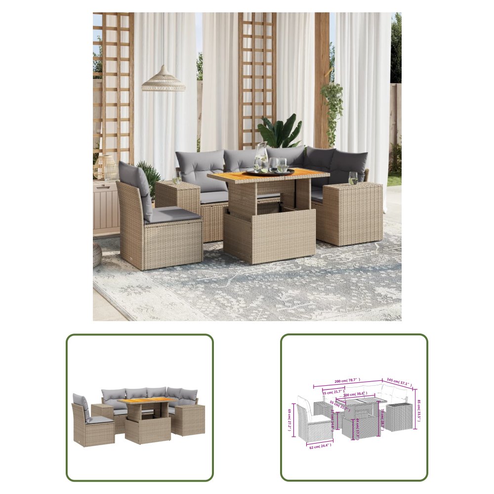 The Living Store 6-cz. zestaw mebli ogrodowych z poduszkami - beżowy - polirattan - Sofa Ogrodowa