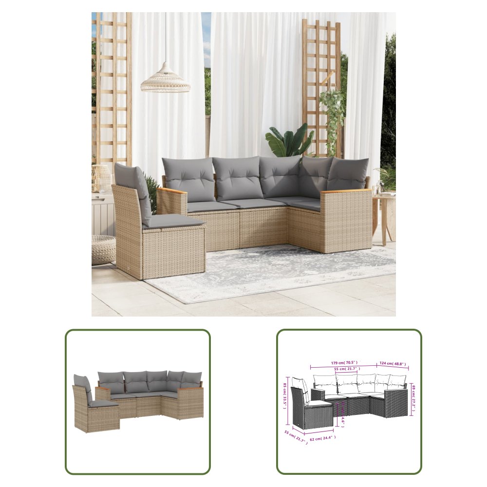 The Living Store 5-cz. zestaw mebli ogrodowych z poduszkami - beżowy - polirattan - Sofa Ogrodowa