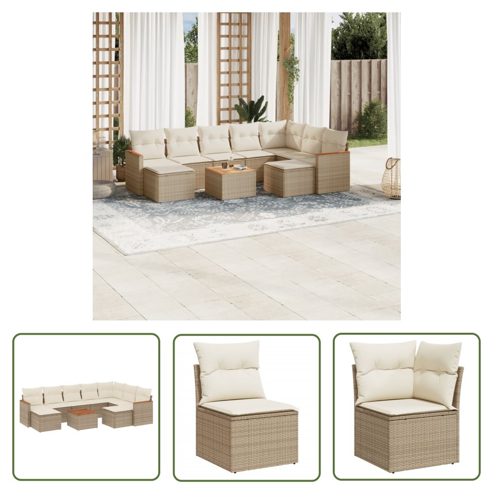 The Living Store 10-cz. zestaw mebli ogrodowych z poduszkami - beżowy - polirattan - Sofa Ogrodowa
