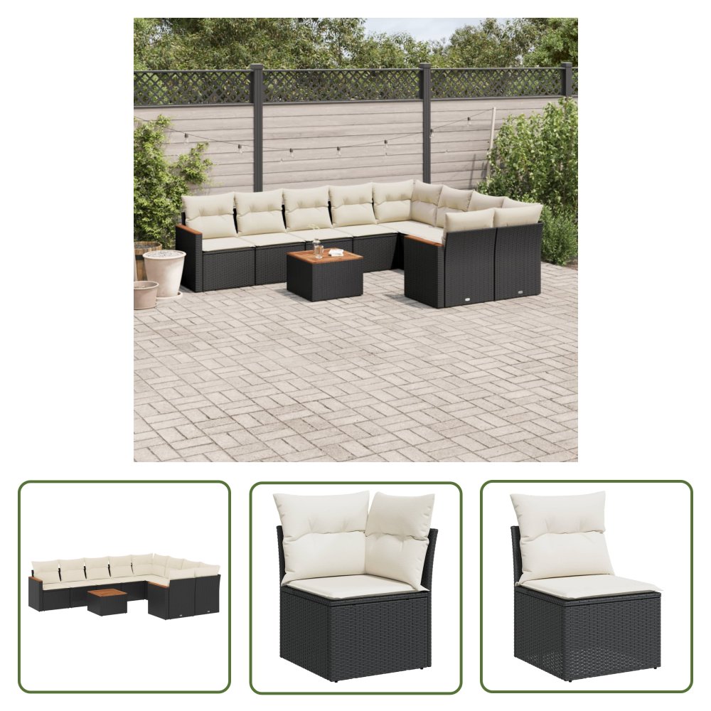 The Living Store 10-cz. zestaw wypoczynkowy do ogrodu - poduszki czarny rattan PE - Sofa Ogrodowa