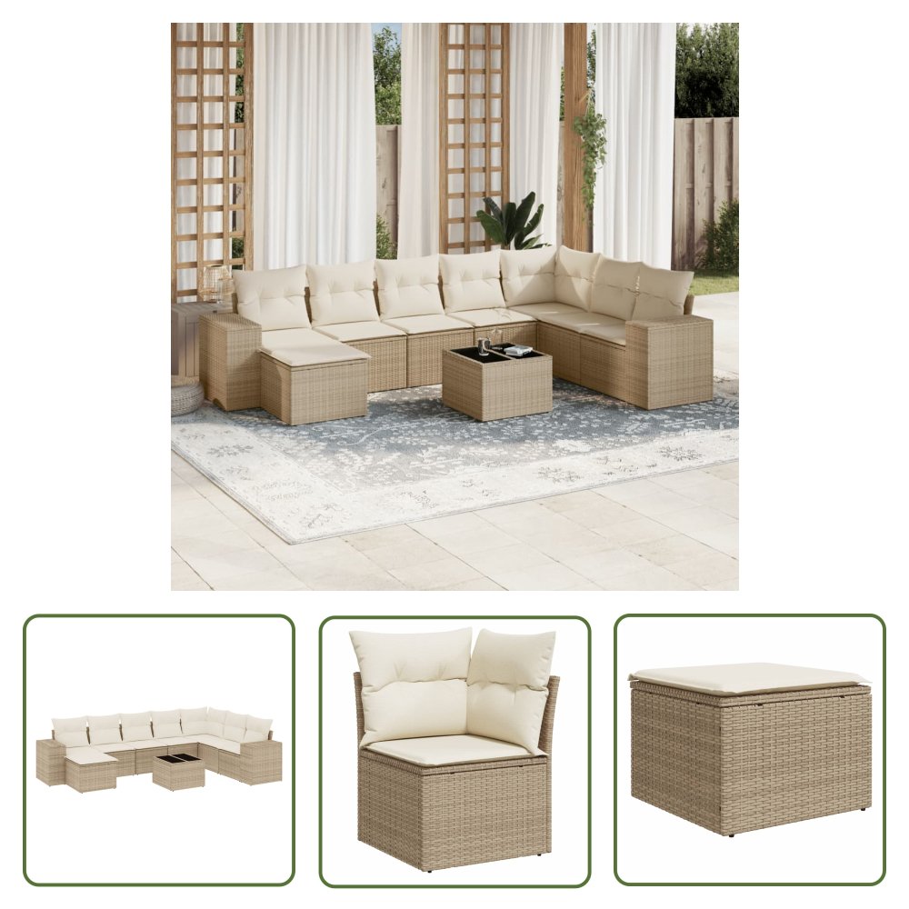 The Living Store 9-cz. zestaw mebli ogrodowych z poduszkami - beżowy - polirattan - Sofa Ogrodowa