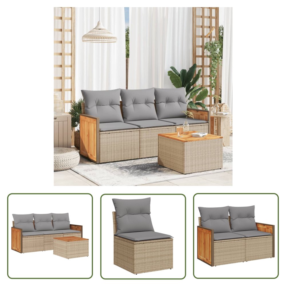 The Living Store 4-cz. zestaw mebli ogrodowych z poduszkami - beżowy - polirattan - Sofa Ogrodowa