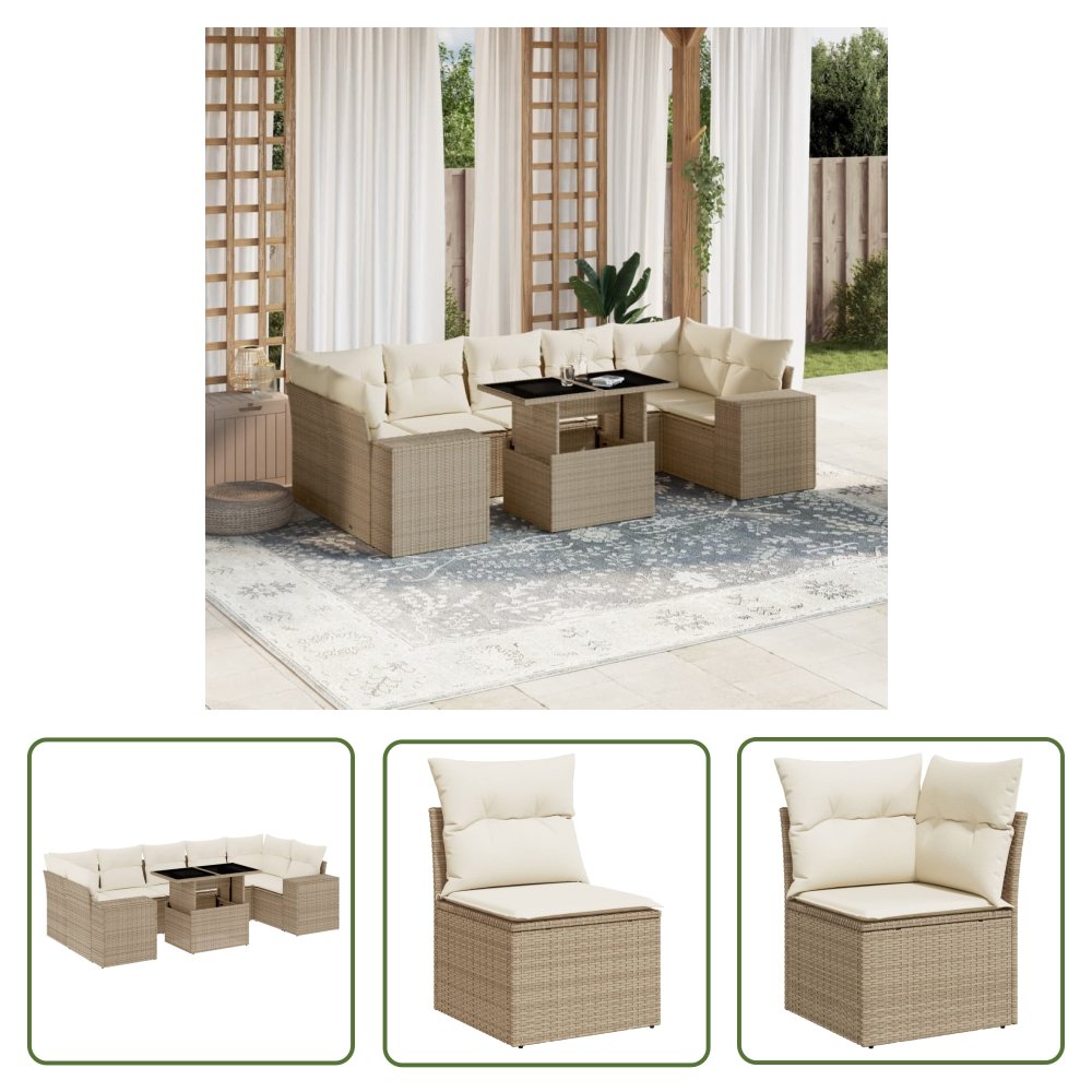 The Living Store 8-cz. zestaw mebli ogrodowych z poduszkami - beżowy - polirattan - Sofa Ogrodowa