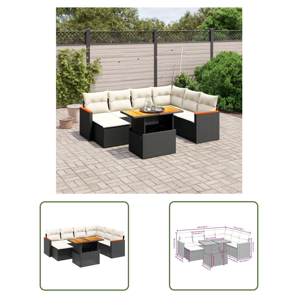 The Living Store 8-cz. zestaw wypoczynkowy do ogrodu - z poduszkami - czarny - Sofa Ogrodowa