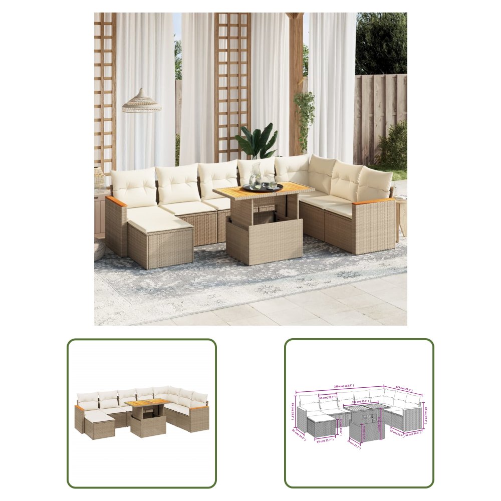 The Living Store 9-cz. zestaw mebli ogrodowych z poduszkami - beżowy - polirattan - Sofa Ogrodowa
