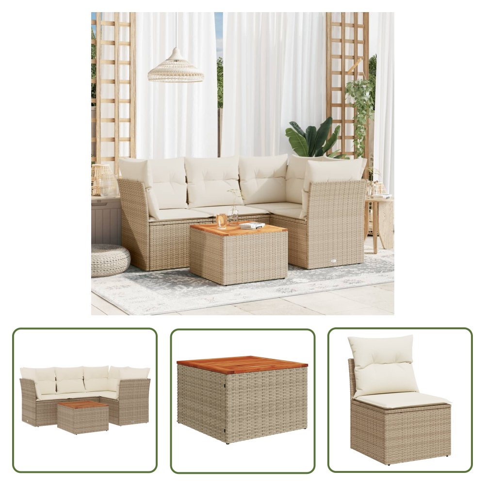 The Living Store 5-cz. zestaw mebli ogrodowych z poduszkami - beżowy - polirattan - Sofa Ogrodowa