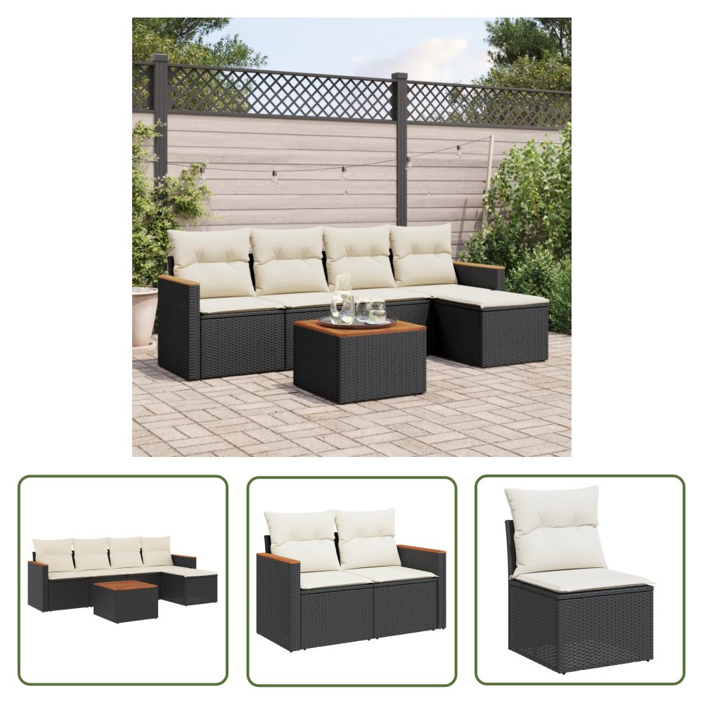 The Living Store 6-cz. zestaw mebli ogrodowych z poduszkami - czarny polirattan - Sofa Ogrodowa
