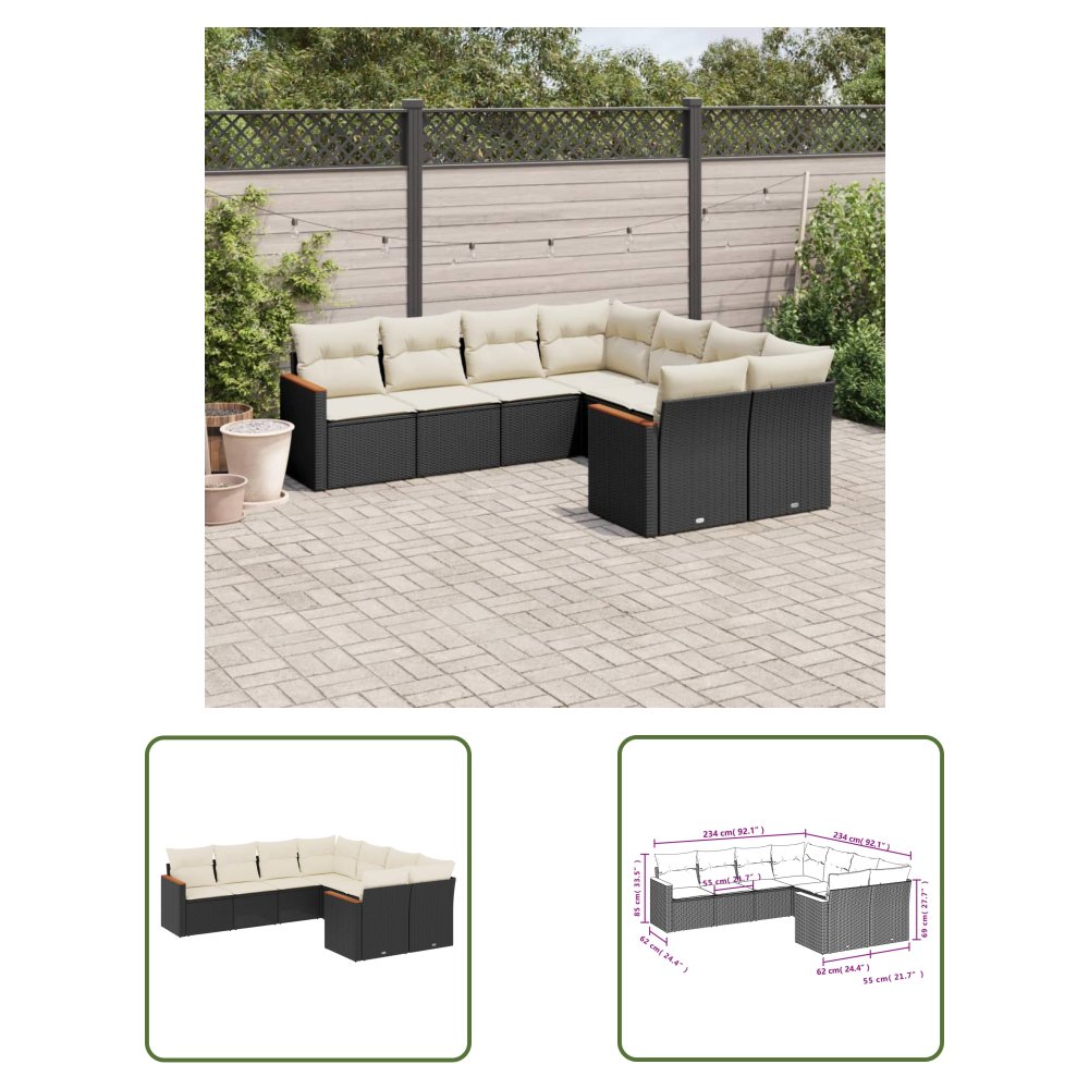 The Living Store 8-cz. zestaw wypoczynkowy do ogrodu - z poduszkami - czarny - Sofa Ogrodowa