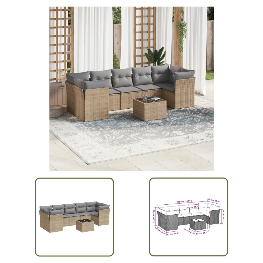 The Living Store 8-cz. zestaw mebli ogrodowych z poduszkami - beżowy - polirattan - Sofa Ogrodowa