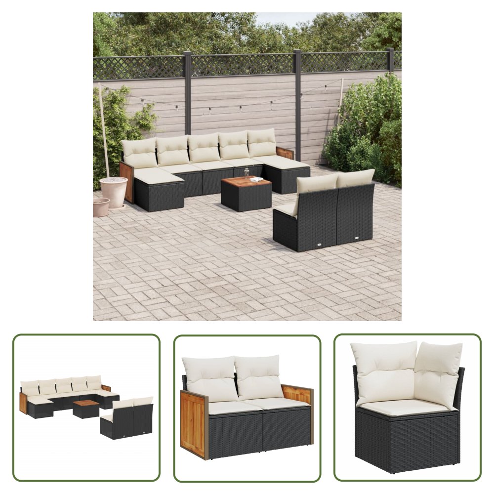 The Living Store 10-cz. zestaw wypoczynkowy do ogrodu - poduszki czarny rattan PE - Sofa Ogrodowa