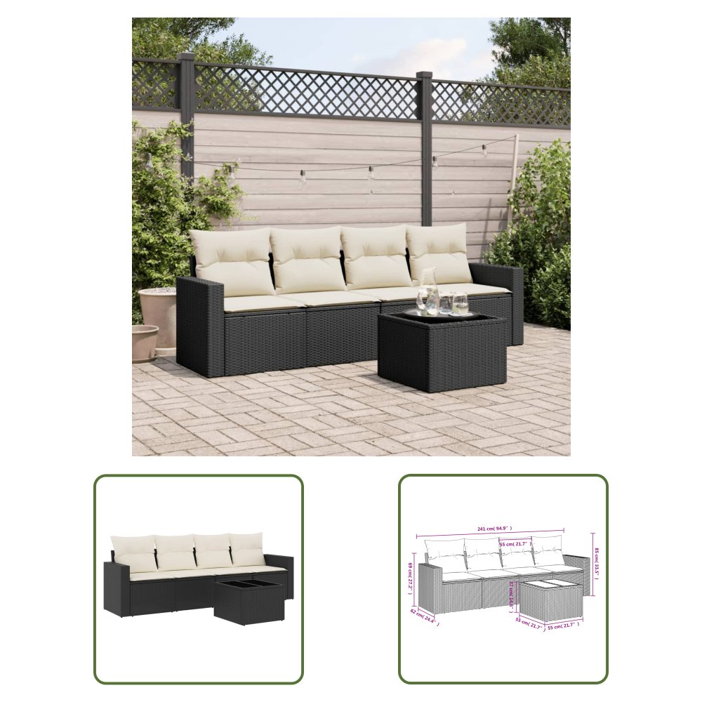 The Living Store 5-cz. zestaw wypoczynkowy do ogrodu - poduszki - czarny rattan PE - Sofa Ogrodowa