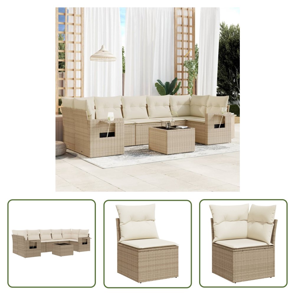 The Living Store 8-cz. zestaw mebli ogrodowych z poduszkami - beżowy - polirattan - Sofa Ogrodowa