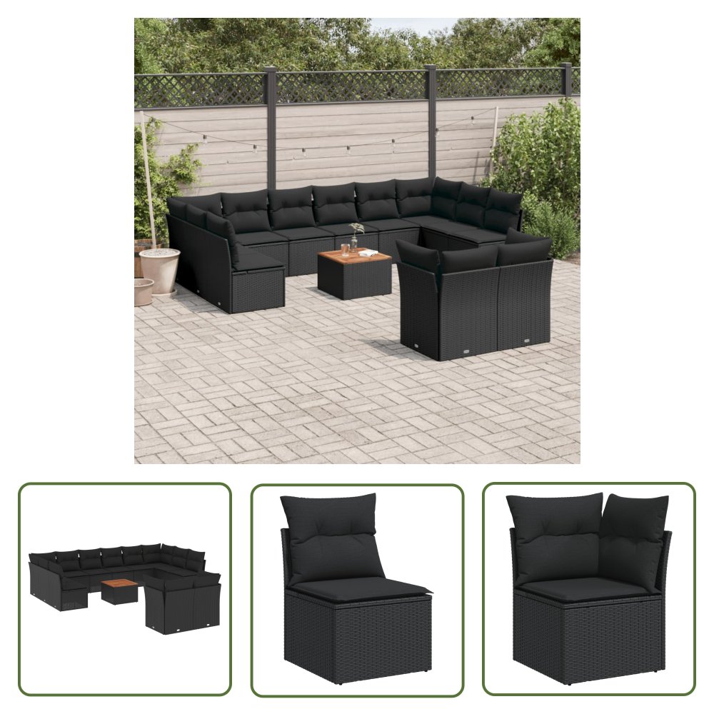 The Living Store 13-cz. zestaw mebli do ogrodu - poduszki - czarny - rattan PE - Sofa Ogrodowa