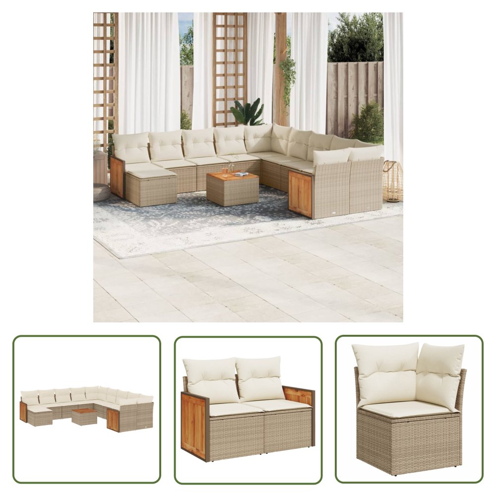The Living Store 12-cz. zestaw mebli ogrodowych z poduszkami - beżowy - polirattan - Sofa Ogrodowa