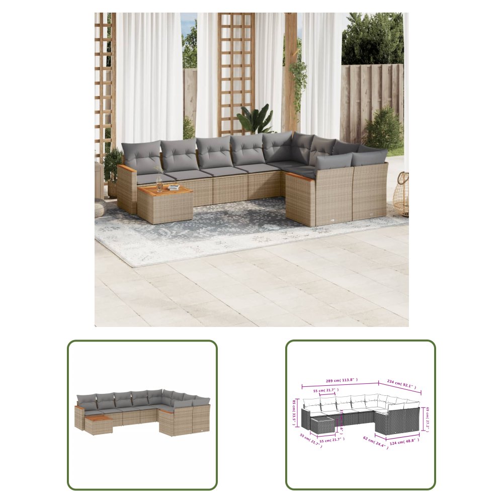 The Living Store 10-cz. zestaw mebli ogrodowych z poduszkami - beżowy - polirattan - Sofa Ogrodowa