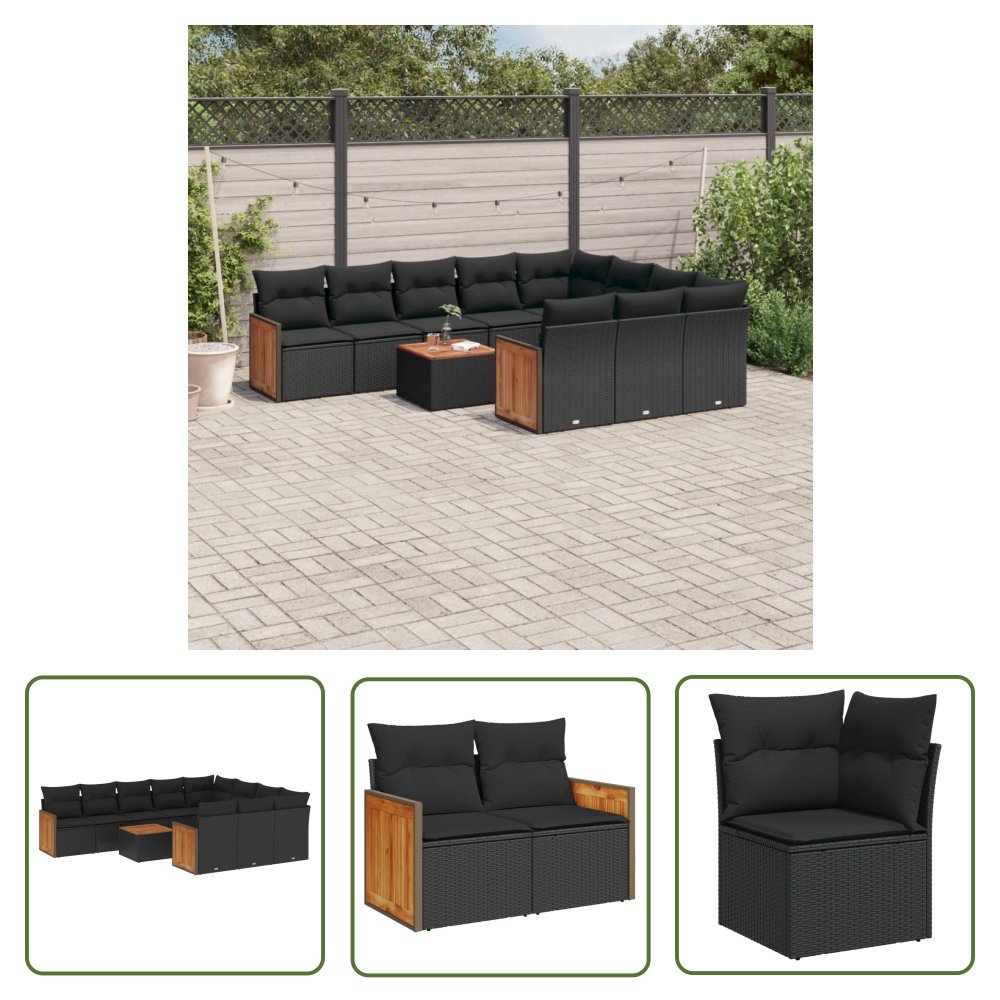 The Living Store 11-cz. zestaw wypoczynkowy do ogrodu - poduszki czarny rattan PE - Sofa Ogrodowa