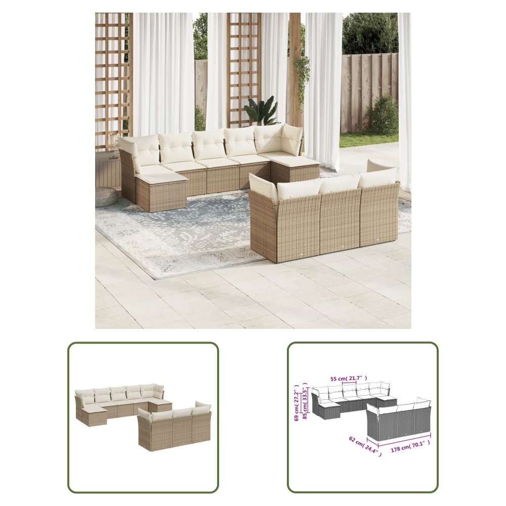 The Living Store 10-cz. zestaw mebli ogrodowych z poduszkami - beżowy - polirattan - Sofa Ogrodowa