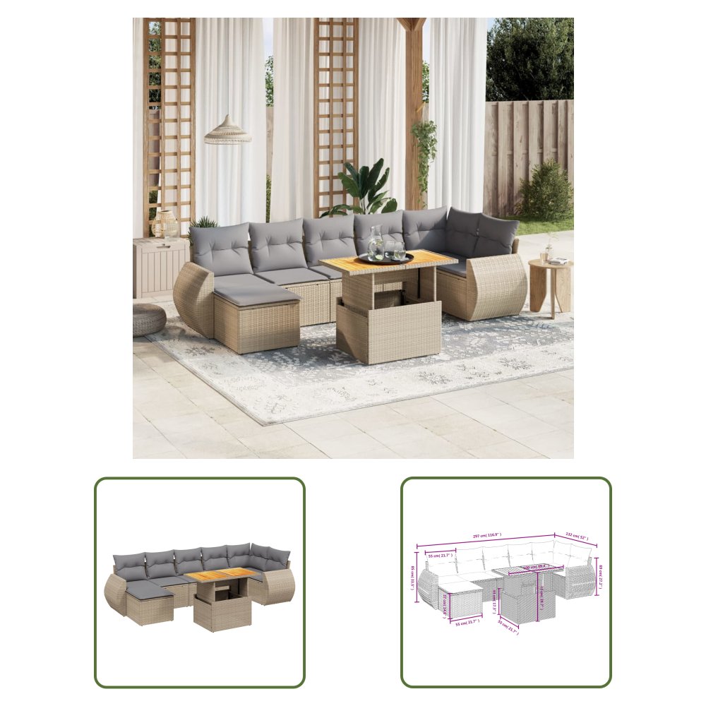 The Living Store 8-cz. zestaw mebli ogrodowych z poduszkami - beżowy - polirattan - Sofa Ogrodowa