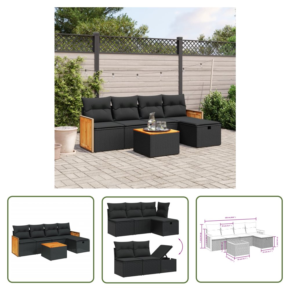 The Living Store 6-cz. zestaw mebli ogrodowych z poduszkami - czarny polirattan - Sofa Ogrodowa