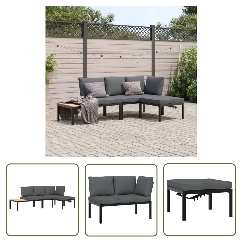 The Living Store 3-cz. zestaw mebli do ogrodu - z poduszkami - czarne aluminium - Zestaw Wypoczynkowy Do Ogrodu