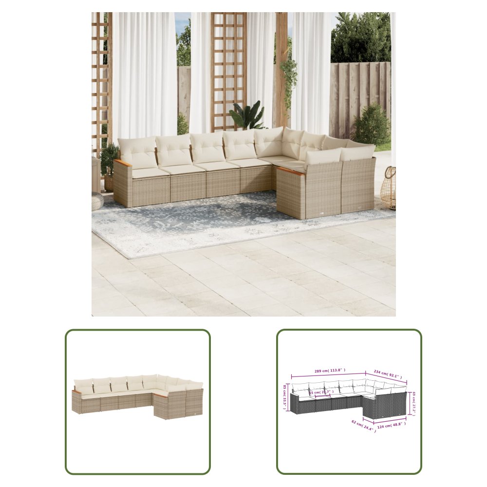 The Living Store 9-cz. zestaw mebli ogrodowych z poduszkami - beżowy - polirattan - Sofa Ogrodowa
