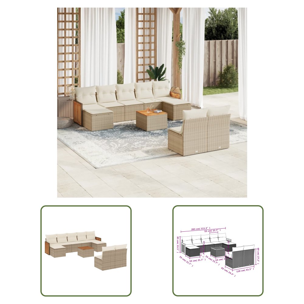 The Living Store 10-cz. zestaw mebli ogrodowych z poduszkami - beżowy - polirattan - Sofa Ogrodowa