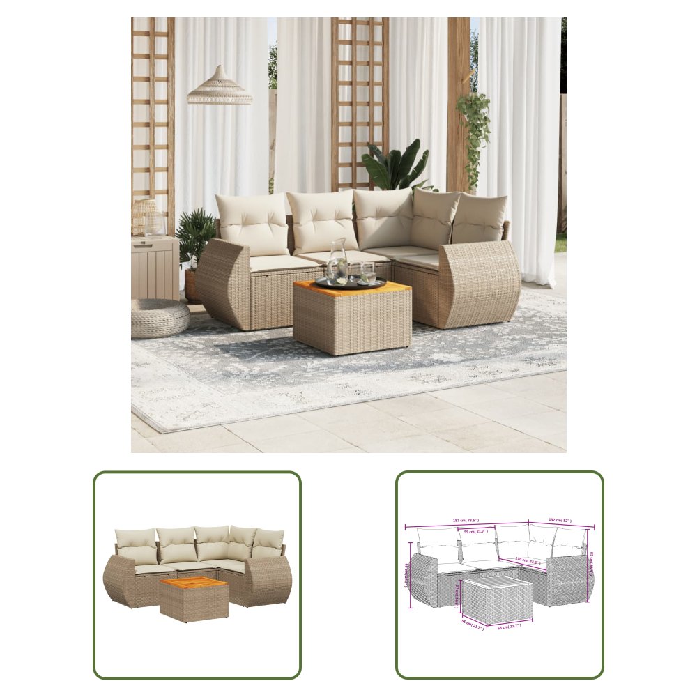 The Living Store 5-cz. zestaw mebli ogrodowych z poduszkami - beżowy - polirattan - Sofa Ogrodowa