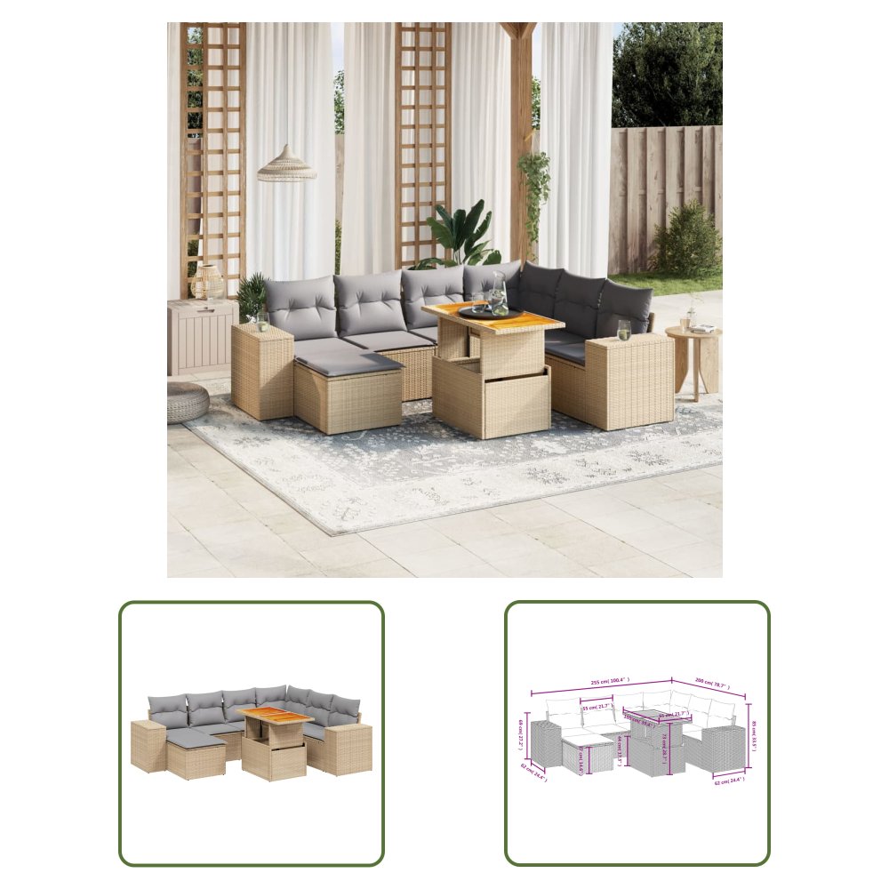 The Living Store 8-cz. zestaw mebli ogrodowych z poduszkami - beżowy - polirattan - Sofa Ogrodowa