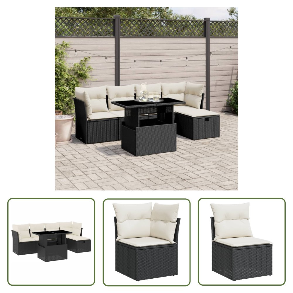 The Living Store 6-cz. zestaw mebli ogrodowych z poduszkami - czarny polirattan - Sofa Ogrodowa