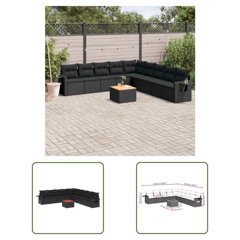 The Living Store 10-cz. zestaw wypoczynkowy do ogrodu - poduszki czarny rattan PE - Sofa Ogrodowa