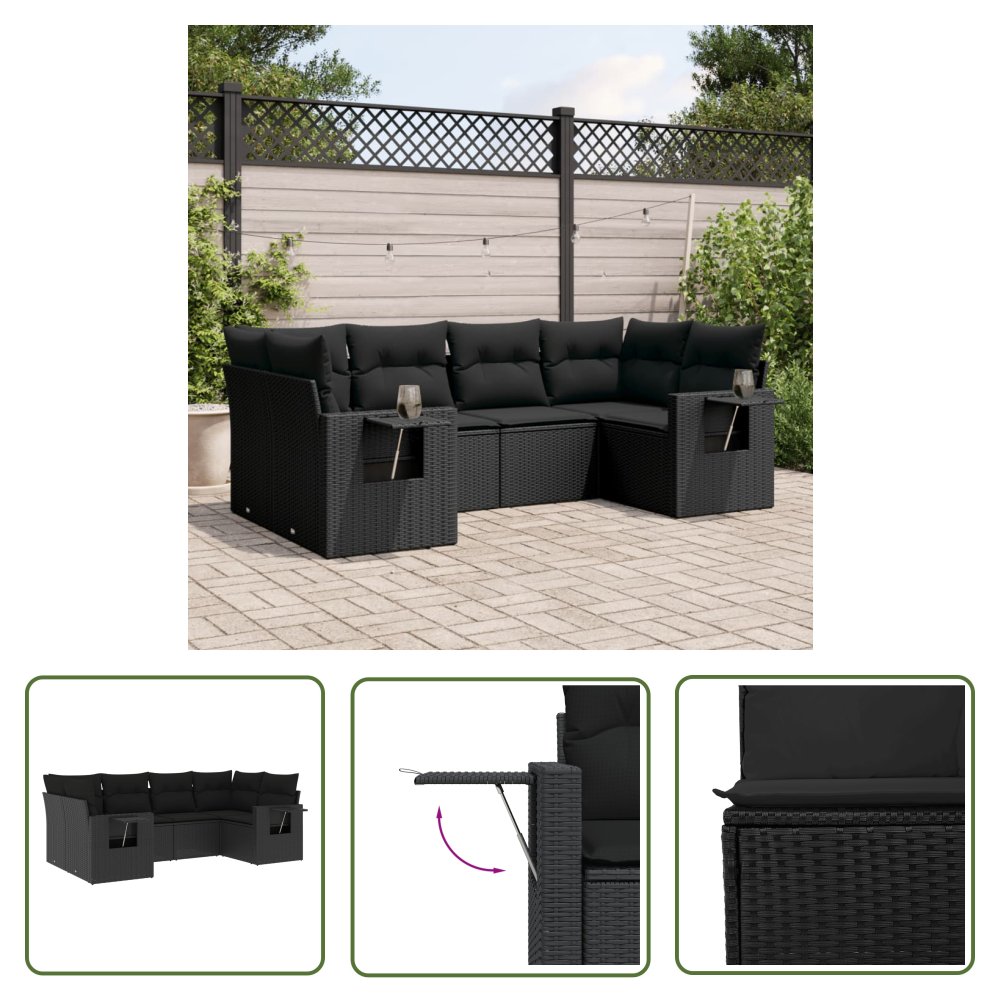 The Living Store 6-cz. zestaw mebli ogrodowych z poduszkami - czarny polirattan - Sofa Ogrodowa