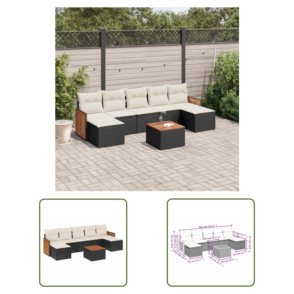 The Living Store 8-cz. zestaw wypoczynkowy do ogrodu - z poduszkami - czarny - Sofa Ogrodowa