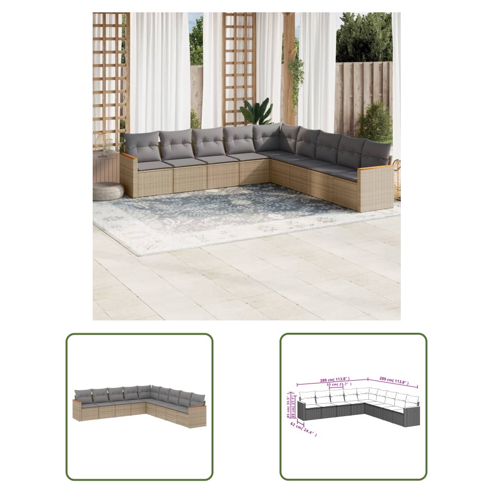 The Living Store 9-cz. zestaw mebli ogrodowych z poduszkami - beżowy - polirattan - Sofa Ogrodowa