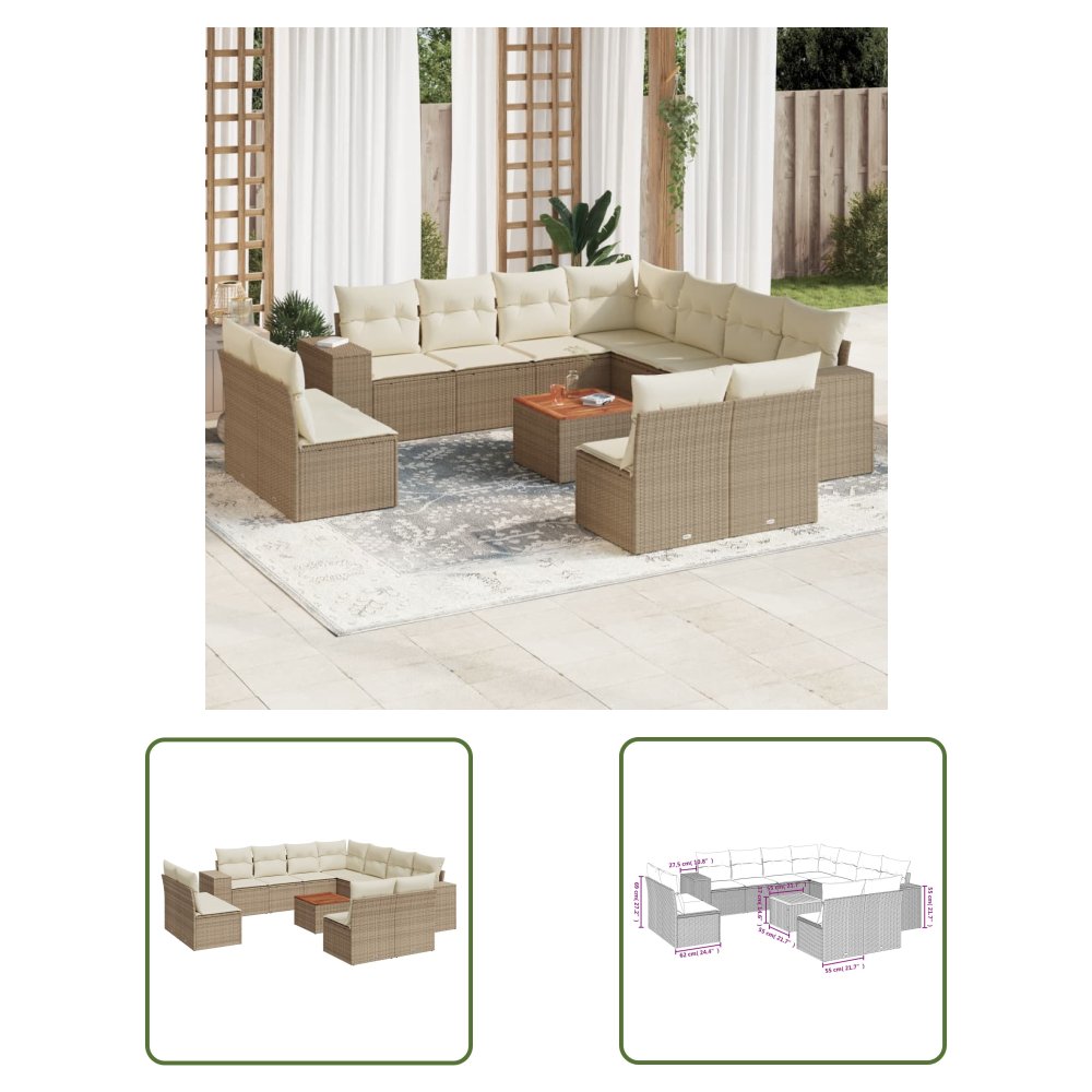 The Living Store 12-cz. zestaw mebli ogrodowych z poduszkami - beżowy - polirattan - Sofa Ogrodowa
