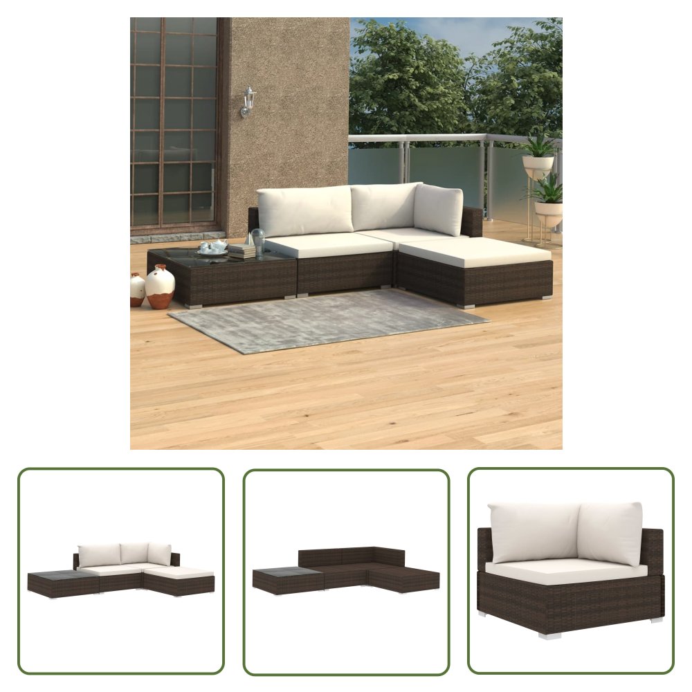The Living Store 4-cz. zestaw wypoczynkowy do ogrodu - poduszki - rattan PE - brąz - Sofa Ogrodowa I Stół
