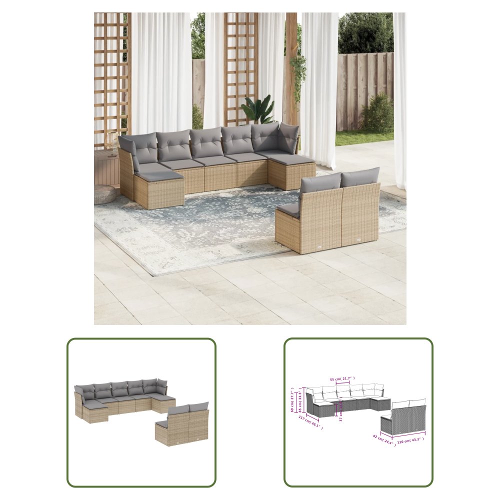 The Living Store 9-cz. zestaw mebli ogrodowych z poduszkami - beżowy - polirattan - Sofa Ogrodowa