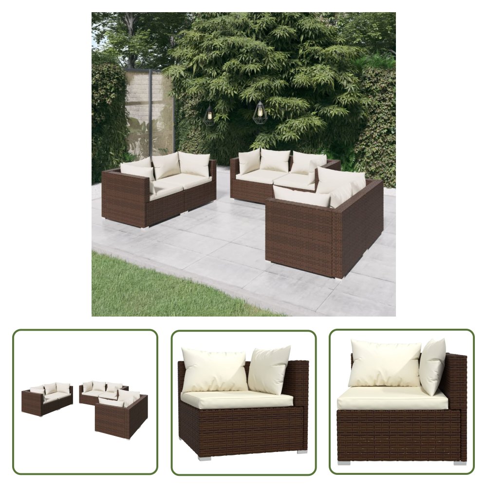 The Living Store 6-cz. zestaw wypoczynkowy do ogrodu - poduszki - rattan PE - brąz - Zestaw Mebli Wypoczynkowych Do Ogrodu