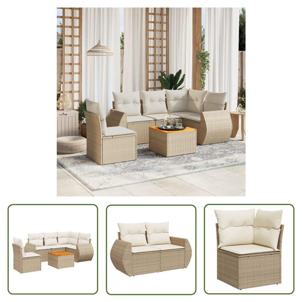 The Living Store 6-cz. zestaw mebli ogrodowych z poduszkami - beżowy - polirattan - Sofa Ogrodowa