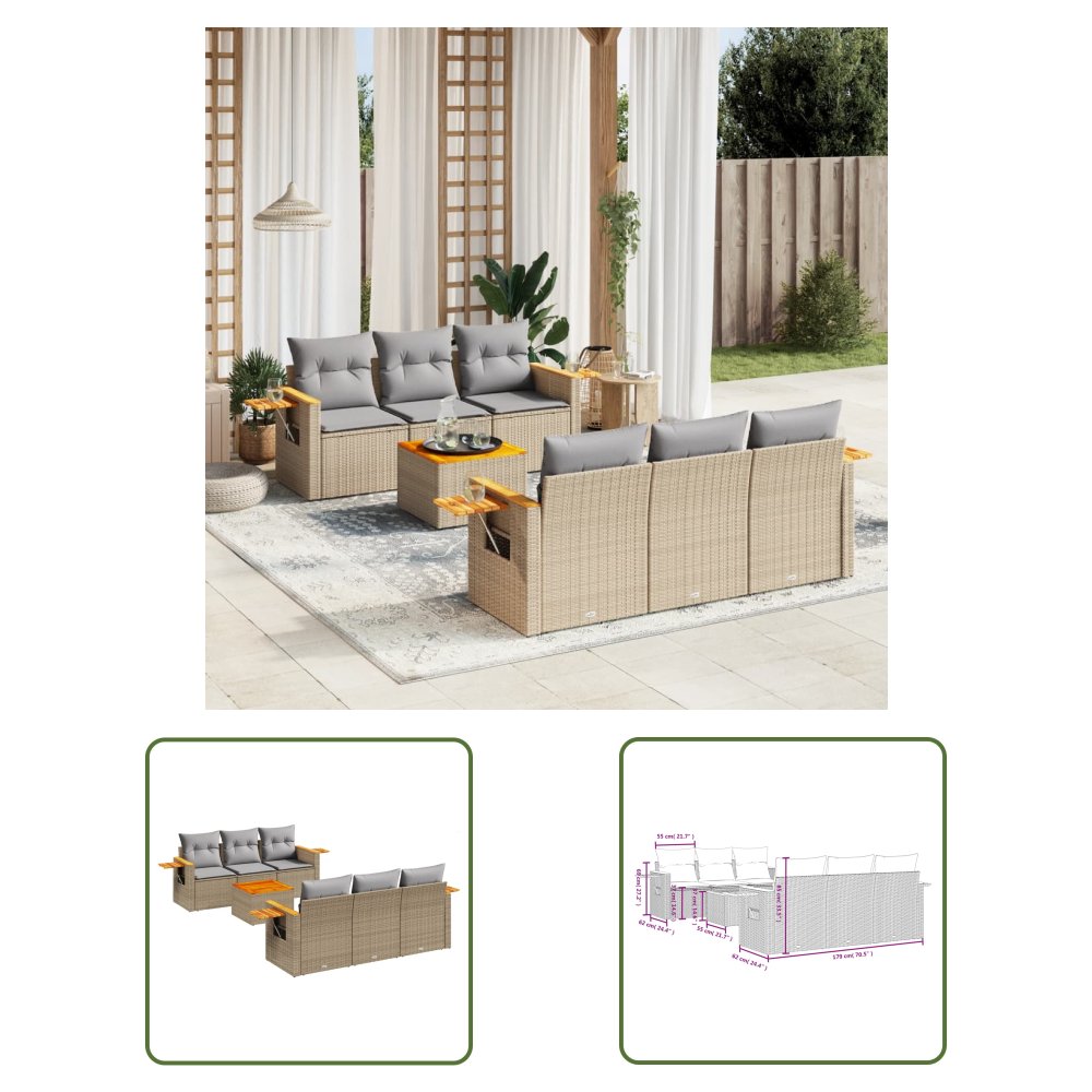 The Living Store 7-cz. zestaw wypoczynkowy do ogrodu - z poduszkami - beżowy - Sofa Ogrodowa