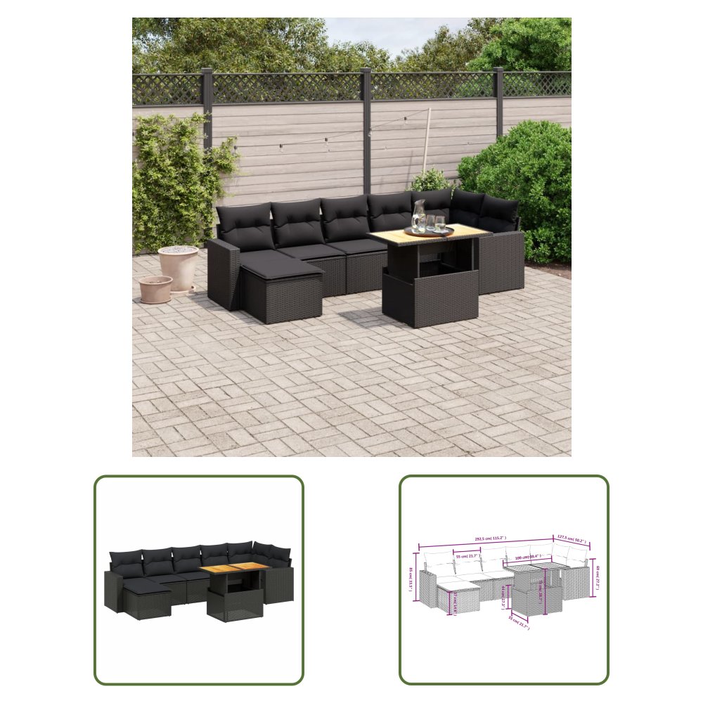 The Living Store 8-cz. zestaw wypoczynkowy do ogrodu - z poduszkami - czarny - Sofa Ogrodowa