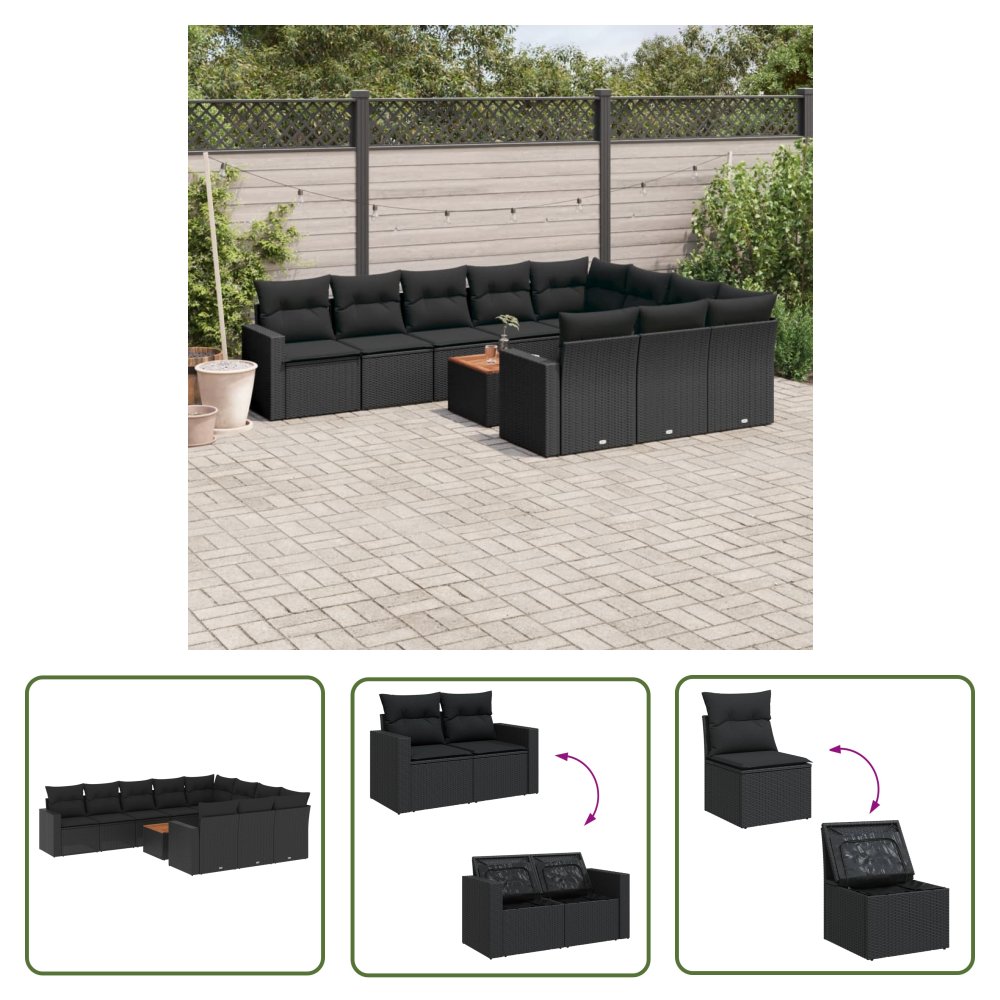 The Living Store 11-cz. zestaw wypoczynkowy do ogrodu - poduszki czarny rattan PE - Sofa Ogrodowa