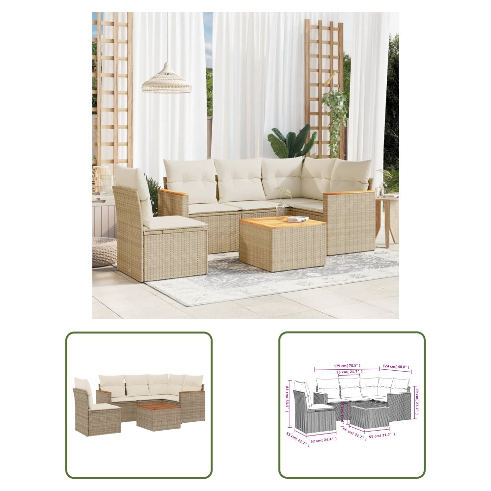 The Living Store 6-cz. zestaw mebli ogrodowych z poduszkami - beżowy - polirattan - Sofa Ogrodowa