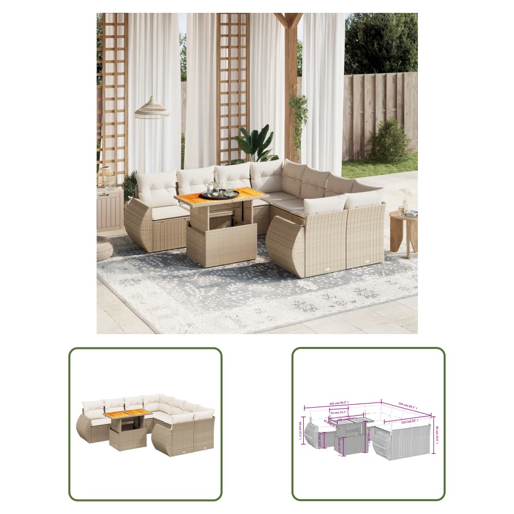 The Living Store 9-cz. zestaw mebli ogrodowych z poduszkami - beżowy - polirattan - Sofa Ogrodowa
