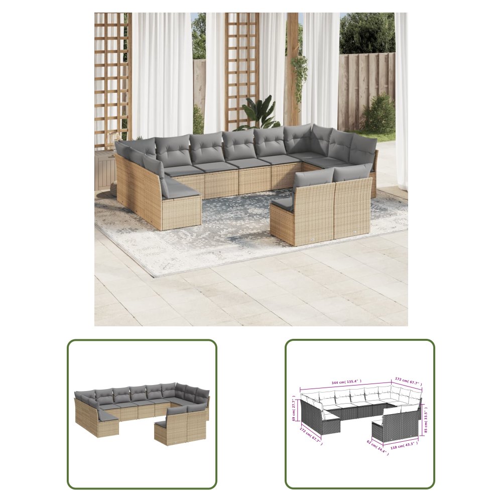 The Living Store 12-cz. zestaw mebli ogrodowych z poduszkami - beżowy - polirattan - Sofa Ogrodowa