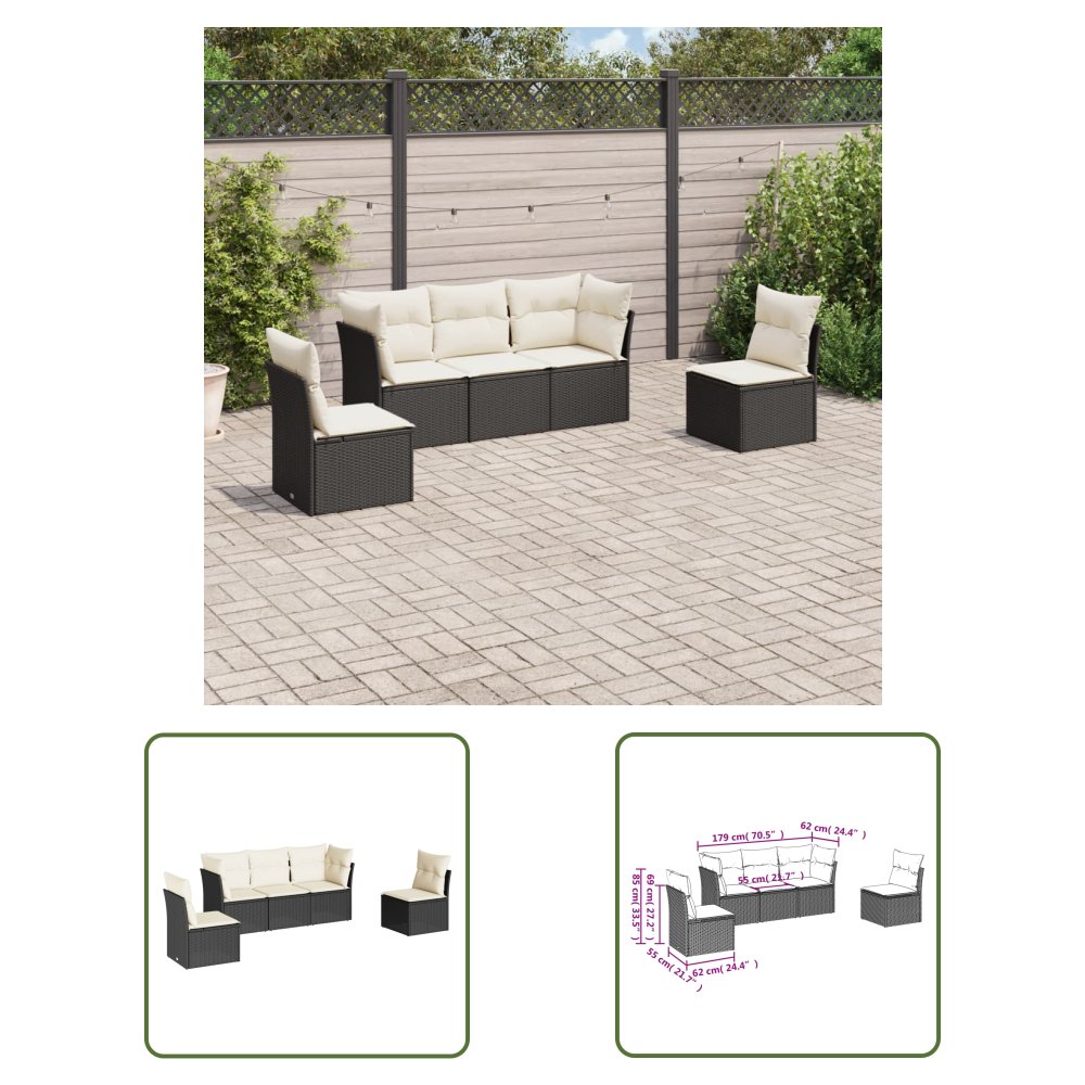 The Living Store 5-cz. zestaw wypoczynkowy do ogrodu - poduszki - czarny rattan PE - Sofa Ogrodowa