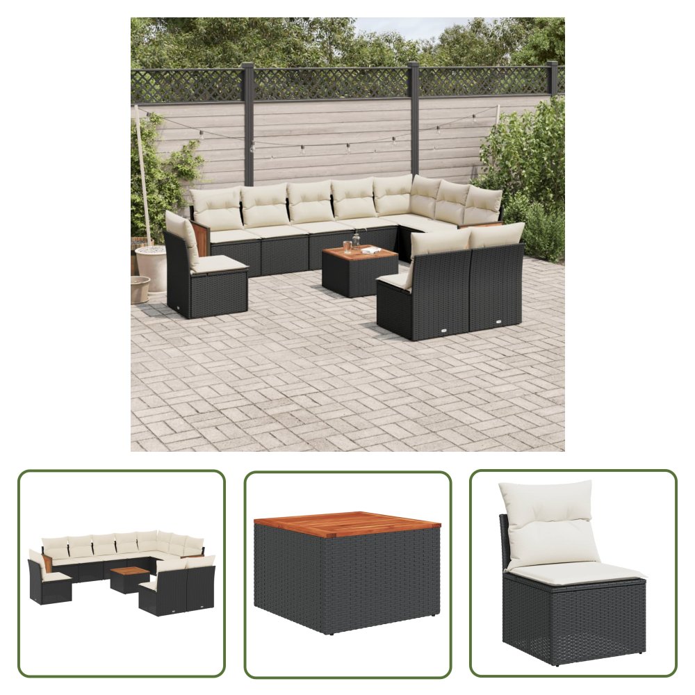 The Living Store 11-cz. zestaw wypoczynkowy do ogrodu - poduszki czarny rattan PE - Sofa Ogrodowa