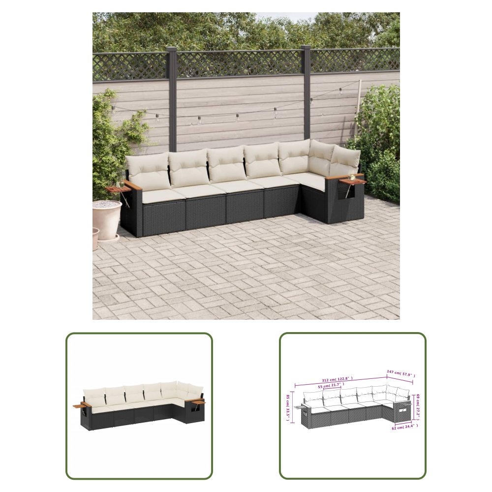 The Living Store 6-cz. zestaw mebli ogrodowych z poduszkami - czarny polirattan - Sofa Ogrodowa